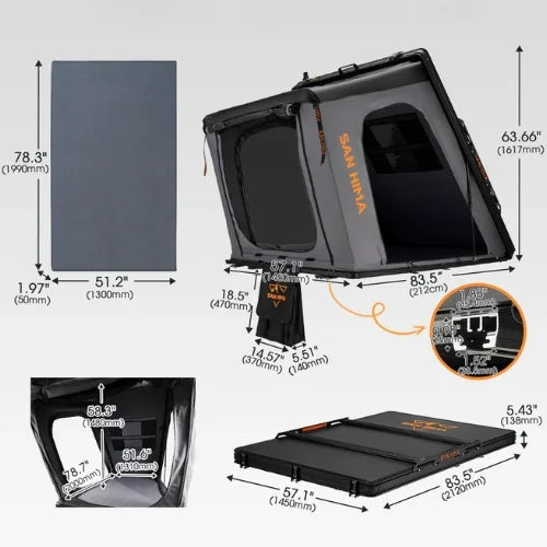 san hima hotham rooftop tent with detailed measurements on a white background