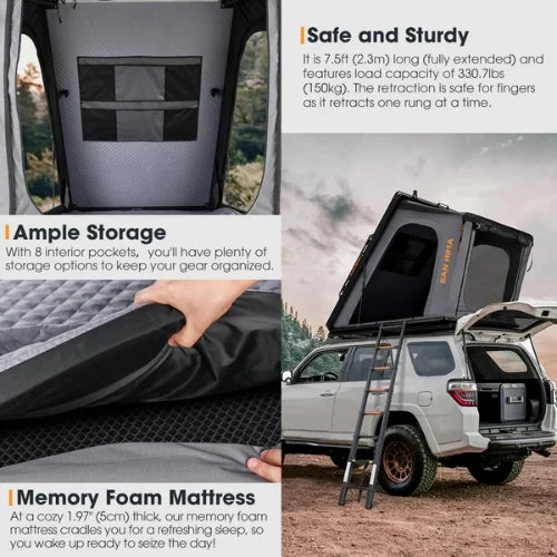 Advertisement for a san hima hotham rtt with features like safety, durability, premium memory foam mattress, and storage.