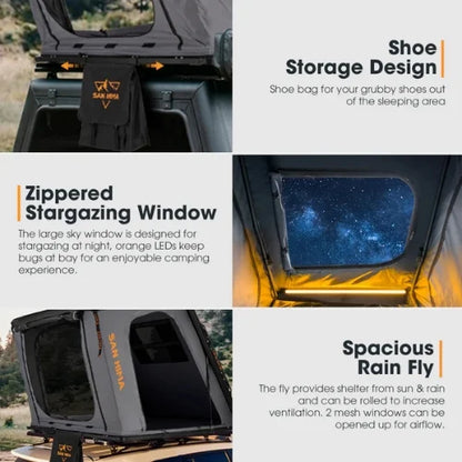 Advertisement for a san hima hotham rtt with features like tri-color strip light, shoe bag, and skyview window in the ceiling with text descriptions.