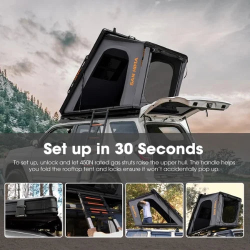 Roof top tent set up on a car with forest background and 30 second setup highlighted with demo