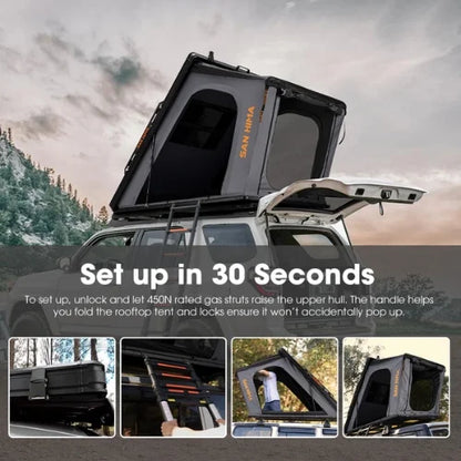 Roof top tent set up on a car with forest background and 30 second setup highlighted with demo