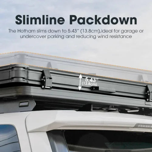Slimline packdown system on a san hima hotham rooftop tent with text about its dimensions and benefits.