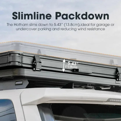 Slimline packdown system on a san hima hotham rooftop tent with text about its dimensions and benefits.