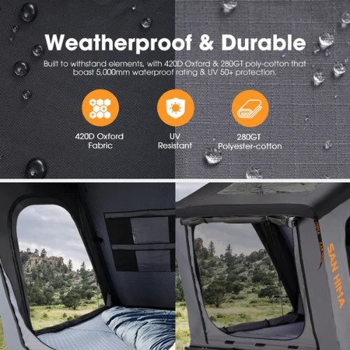 Weatherproof and durable tent fabric with water droplets, interior view of a rtt, and outdoor scenery.