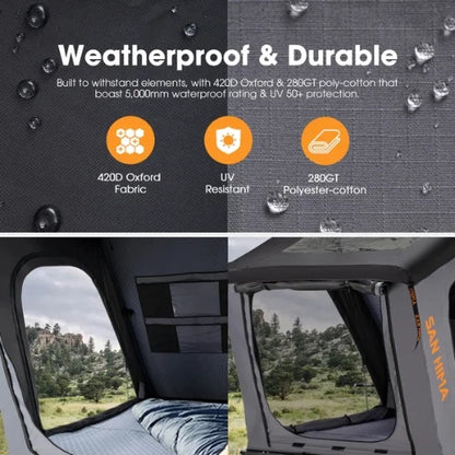 Weatherproof and durable tent fabric with water droplets, interior view of a rtt, and outdoor scenery.