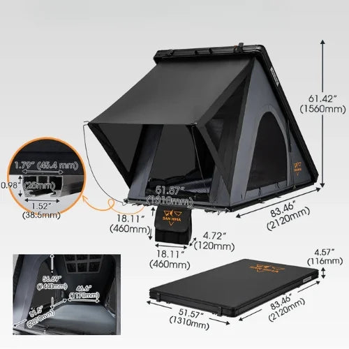 san hima hotham lite rooftop tent with detailed measurements on a white background