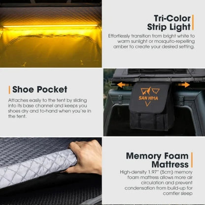 Advertisement for a san hima hotham lite rtt with features like tri-color strip light, shoe pocket, and memory foam mattress with text descriptions.