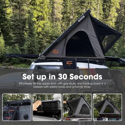 Roof top tent set up on a car with forest background and 30 second setup highlighted with demo