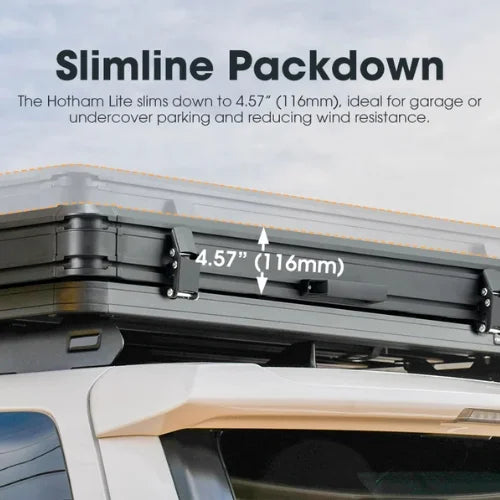 Slimline packdown system on a san hima hotham lite rooftop tent with text about its dimensions and benefits.