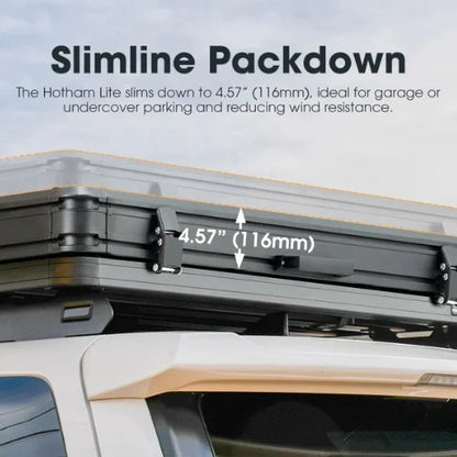 Slimline packdown system on a san hima hotham lite rooftop tent with text about its dimensions and benefits.