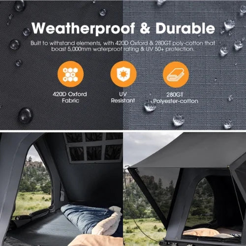 Weatherproof and durable tent fabric with water droplets, interior view of a rtt, and outdoor scenery.