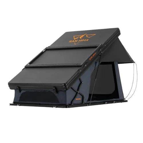 Black roof tent with 'San Hima' branding on a white background