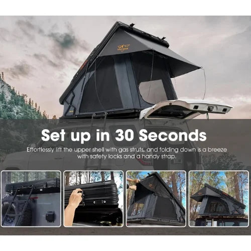 triangle roof tent with setup instructions and images of assembly process.