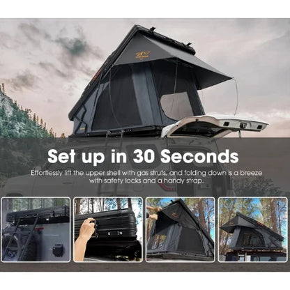 triangle roof tent with setup instructions and images of assembly process.