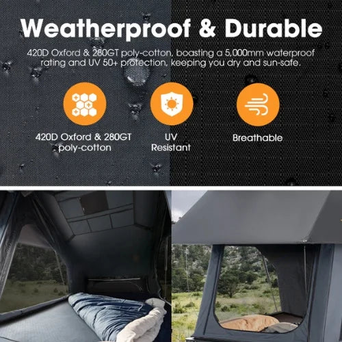 Camping tent with weatherproof and durable features highlighted, including 420D Oxford and 280GT poly-cotton, UV resistance, and breathability.