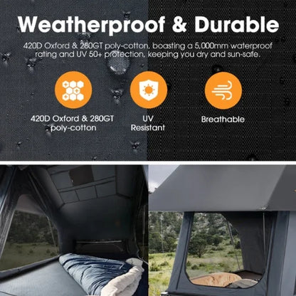 Camping tent with weatherproof and durable features highlighted, including 420D Oxford and 280GT poly-cotton, UV resistance, and breathability.