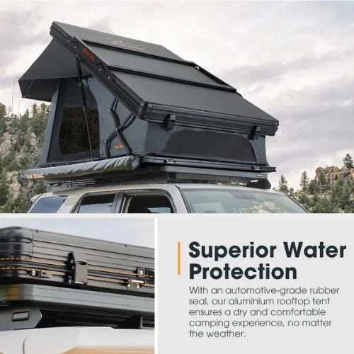 Aluminum rooftop tent on a vehicle with text highlighting water protection.