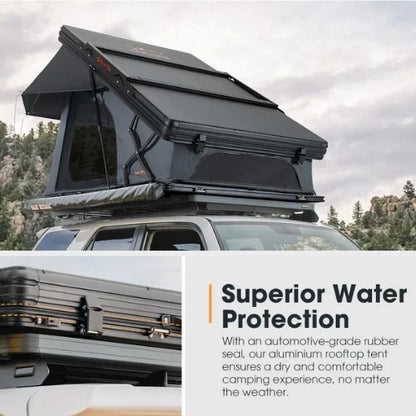 Aluminum rooftop tent on a vehicle with text highlighting water protection.