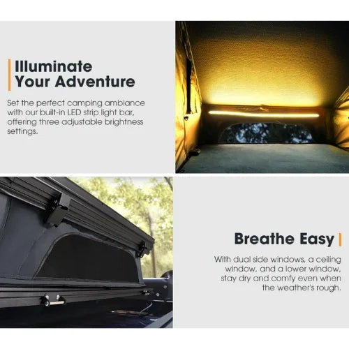 Camping vehicle interior with LED strip light bar and open roof for ventilation.