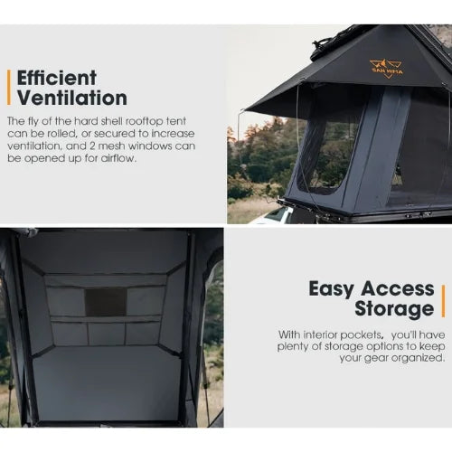Hard shell rooftop tent with text on efficient ventilation and easy access storage.