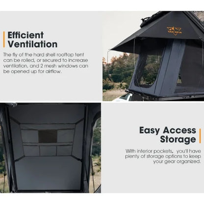 Hard shell rooftop tent with text on efficient ventilation and easy access storage.