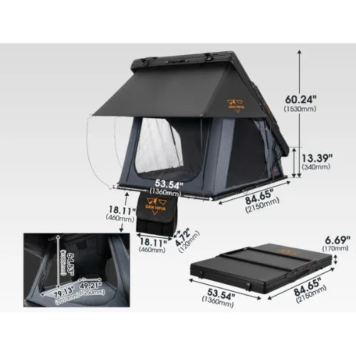 Camping roof top tent with dimensions labeled on a white background