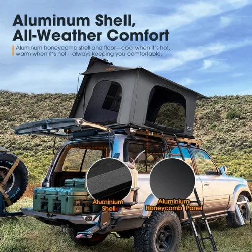 Roof top tent on a vehicle with text about aluminum shell and all-weather comfort.