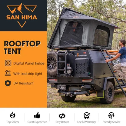 San Hima rooftop tent on a vehicle with product features listed.