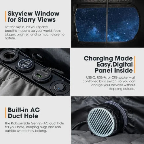 Product features including skyview window, charging panel, and AC duct hole on a vehicle interior.