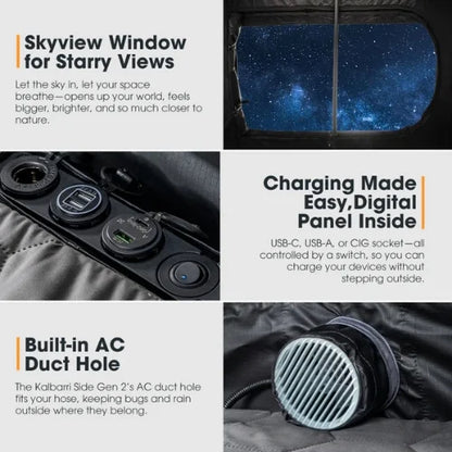 Product features including skyview window, charging panel, and AC duct hole on a vehicle interior.