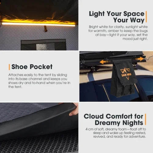 Product features of a tent with lighting, shoe pocket, and comfort foam.