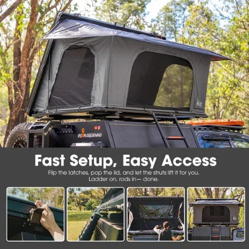 Roof top tent on a vehicle with setup instructions and images of the process.