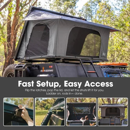 Roof top tent on a vehicle with setup instructions and images of the process.