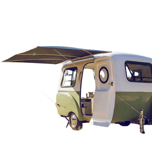 Vintage-style camper with open door and shady boy awning deployed on a white background