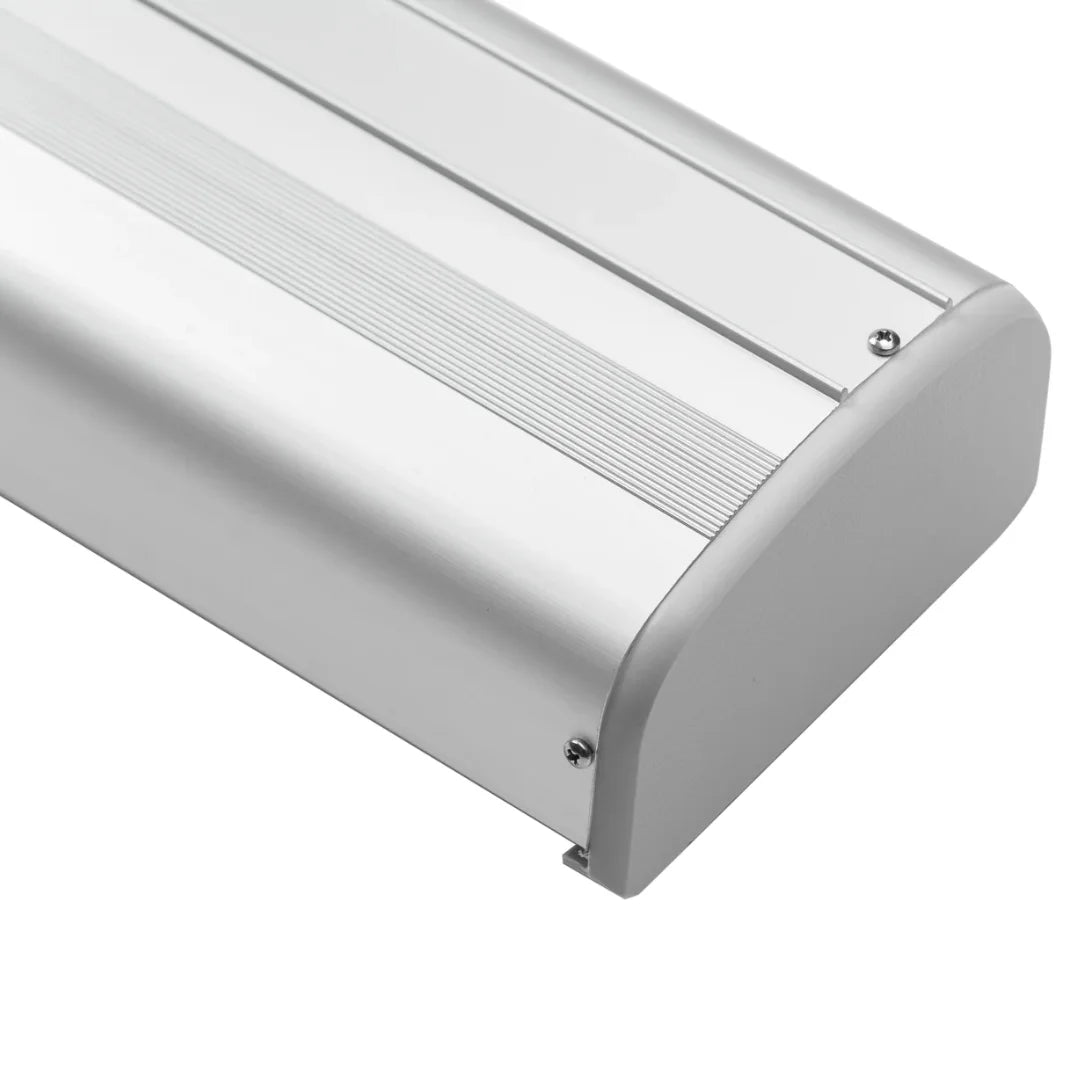 close up of aluminum rectangular edge of a shady boy awning on a white background