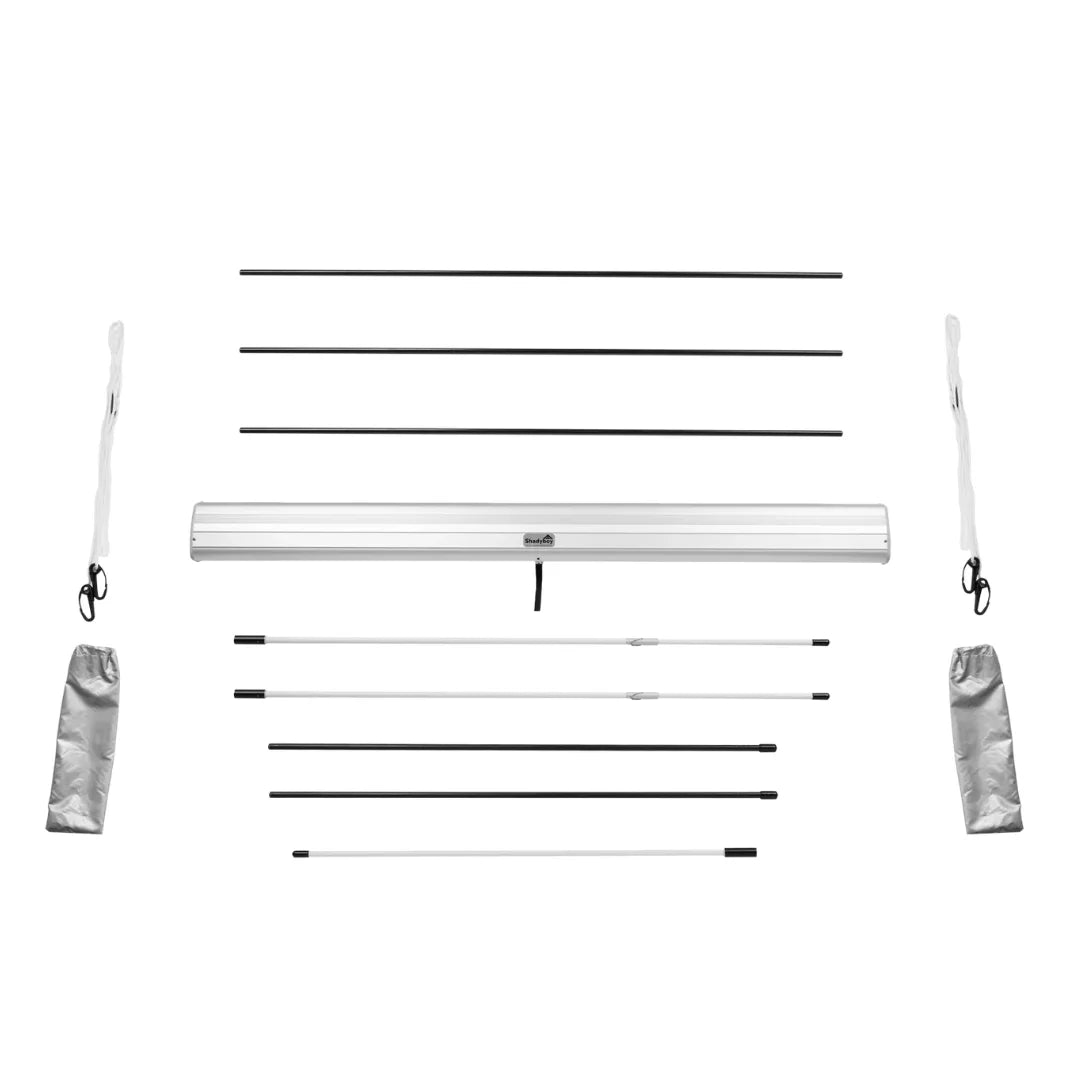 Set of white and black awning poles and accessories on a white background
