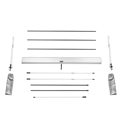Set of white and black awning poles and accessories on a white background