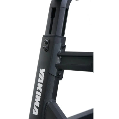 Close-up of a black bicycle frame with 'Vikina' branding on a white background