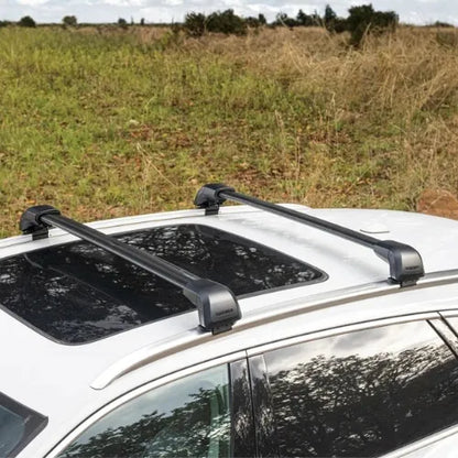Car roof rack system on a white car with a grassy field background