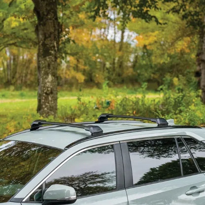 Car with roof racks in a forest setting