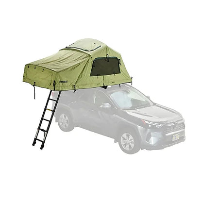 Side view of Yakima SkyRise HD softshell rooftop tent with windows open