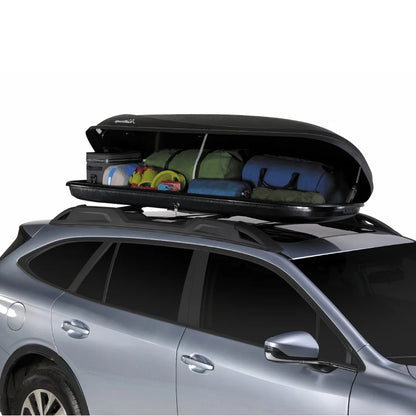 Horizon Alpine roof box fully packed with gear on vehicle roof.