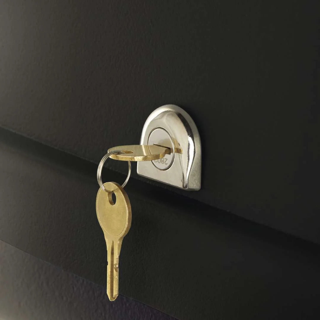 Close-up of the SportRack Skyline XL cargo box lock with inserted key.
