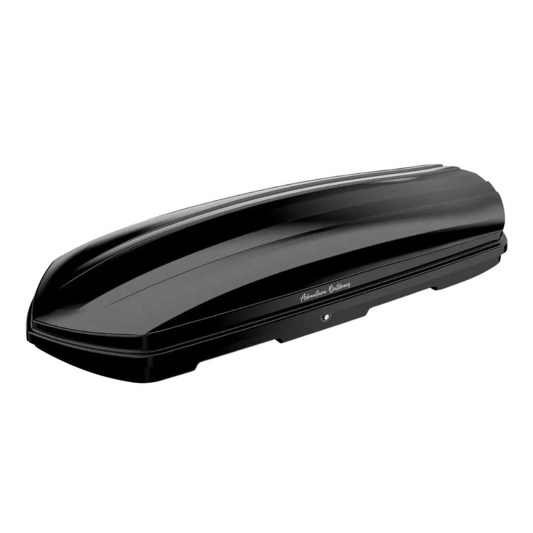 streamlined black roof cargo box on white background