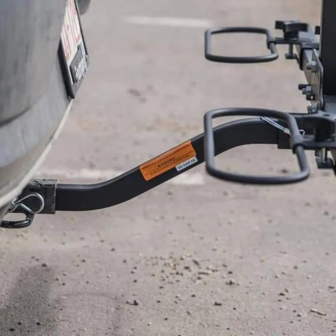 Close-up of the Swagman XC2’s hitch connection to a vehicle’s receiver.