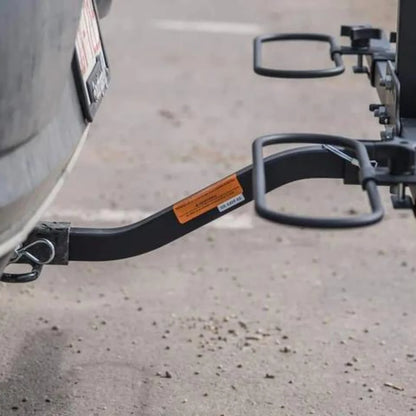 Close-up of the Swagman XC2’s hitch connection to a vehicle’s receiver.