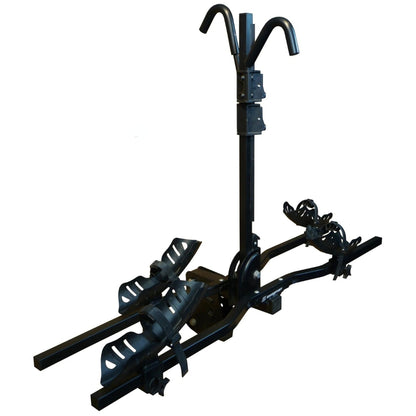 A black Swagman E-Spec bike rack designed to be mounted on the hitch of a vehicle.