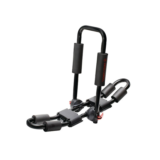 Swiss Cargo 3-in-1 Multi-function Kayak Carrier shown isolated with black steel frame and foam pads.

