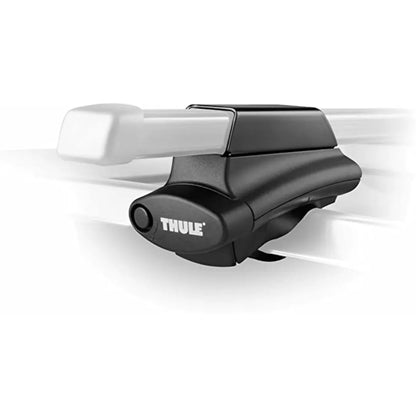 Close-up angled view of Thule 450 CrossRoad Foot mounted on crossbar, showing clamp and strap design