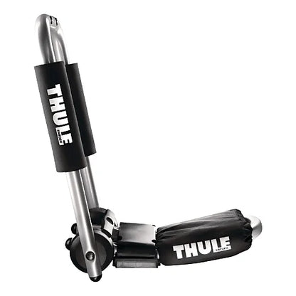 Thule 835 Hull-a-Port Pro J-style kayak rack folded flat for garage clearance – foam-padded cradle arms and Thule branding visible